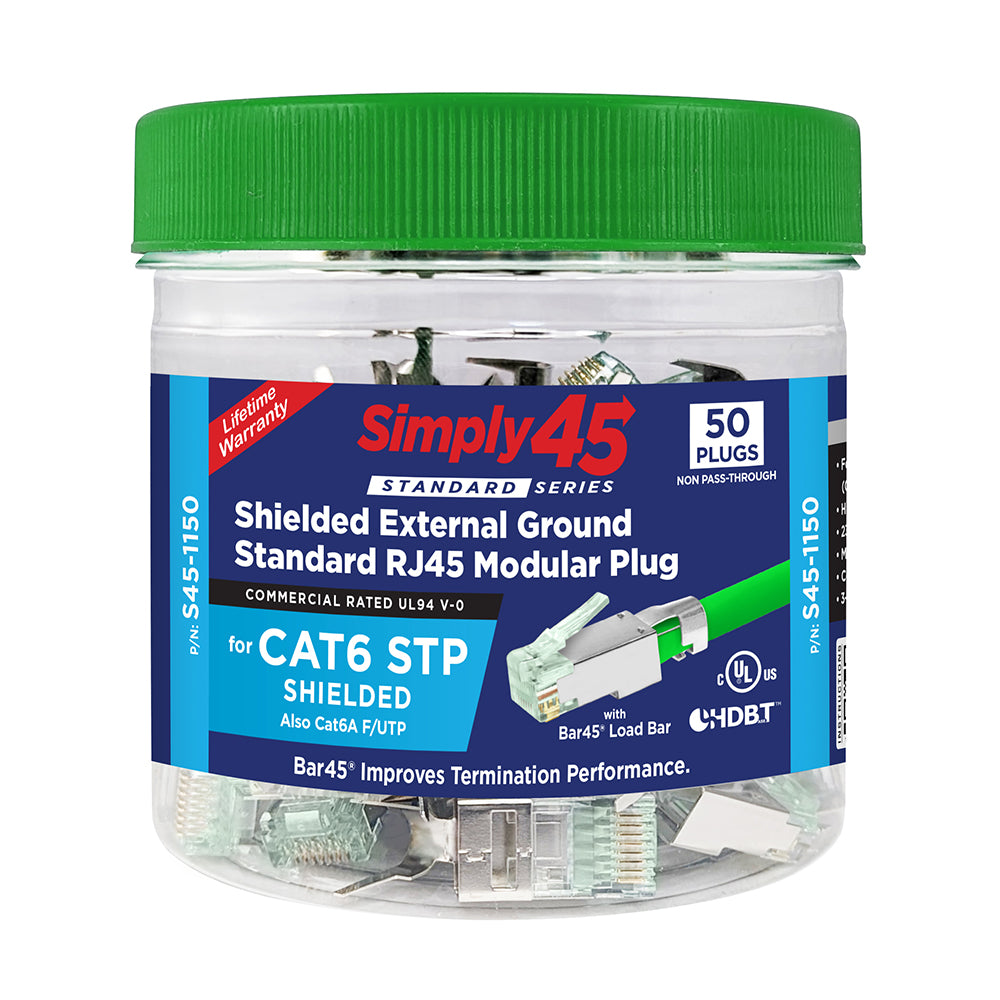 Simply45 Cat6 shielded RJ45 plugs, green jar, 50 piece