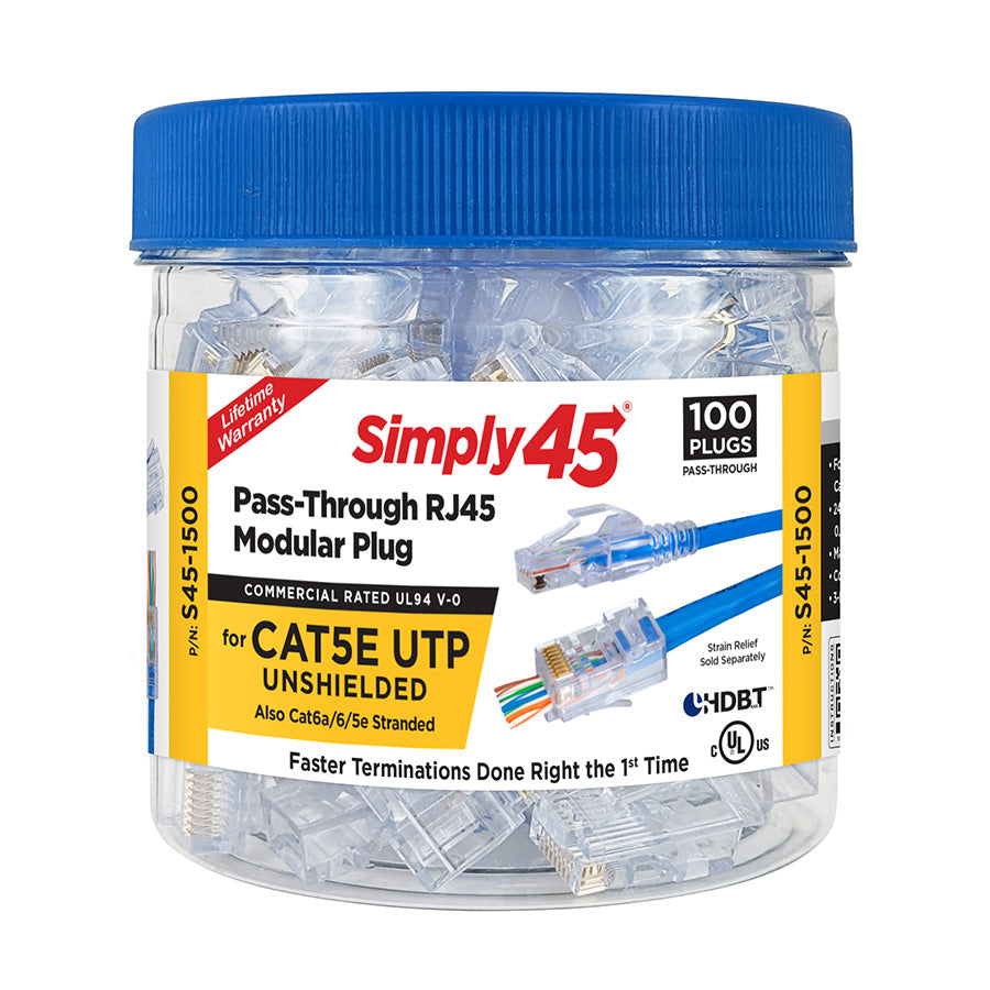 Simply45 Cat5e pass-through RJ45 plugs, blue jar, 100 piece