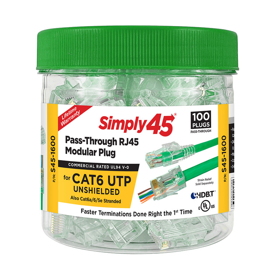 Simply45 Cat6 pass-through RJ45 plugs, green jar, 100 piece
